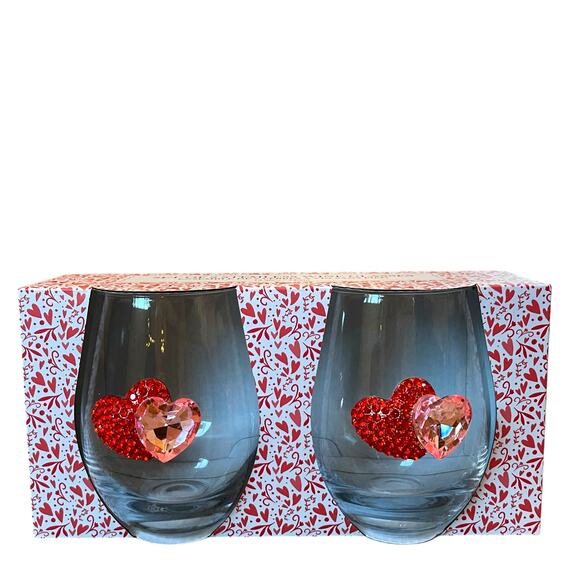 Valentines Day Jeweled HEARTS Stemless Wine Glasses Set of 2 Red & Pink New - Picture 11 of 14